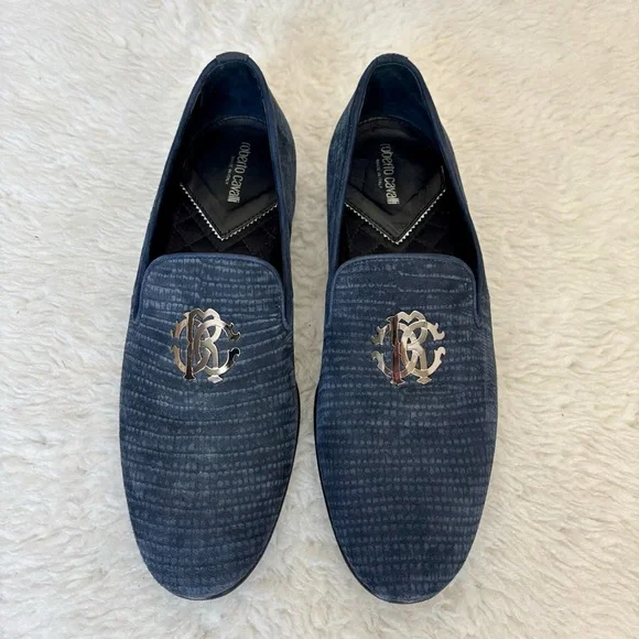Roberto Cavalli Textured Navy Silver Logo Slip On Men’sshoes size 41 US 8